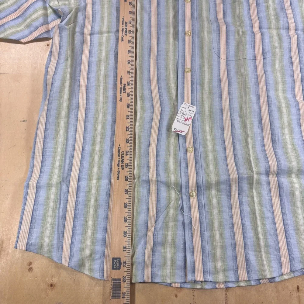 Jos A Bank Mens XL 100% Linen Shirt Blue Green Stripe Short Sleeve NWT Button Up